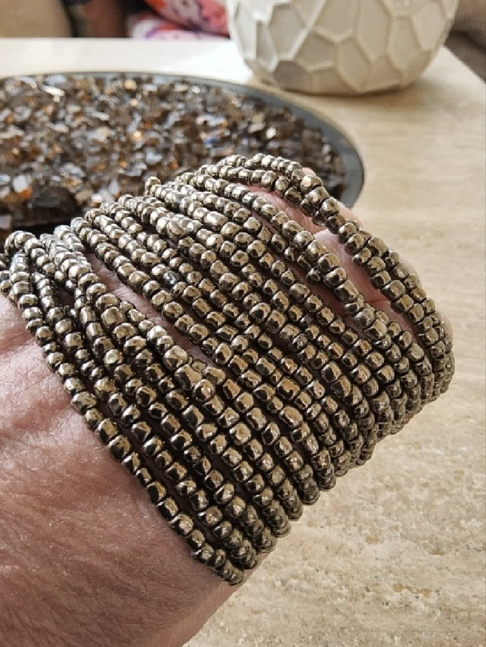 Multi-Strand Silver Bead Bracelet with Wooden Clasp